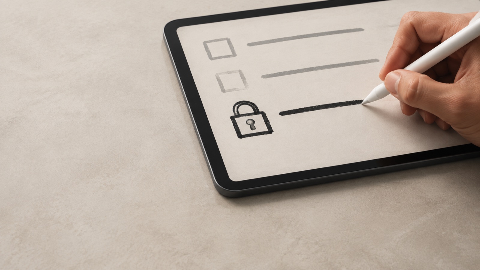 A hand uses a stylus to draw a bold line beside a padlock below two faint checklist rows on a tablet.