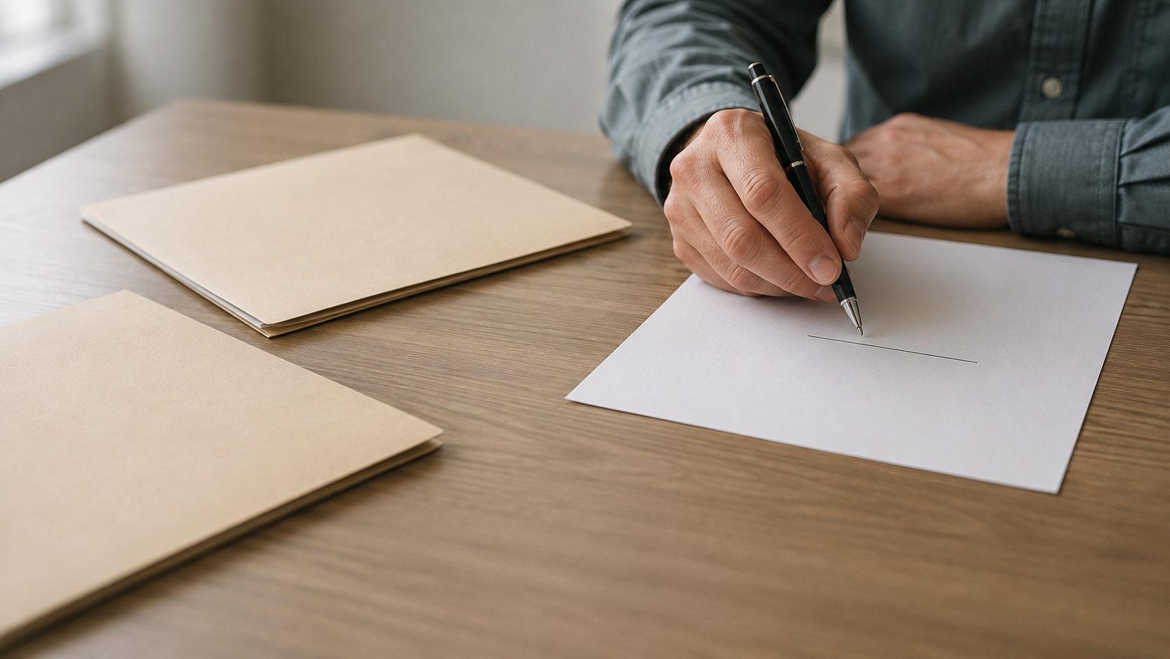 Two plain folders sit beside an unsigned sheet while a person holds a pen above its signature line.