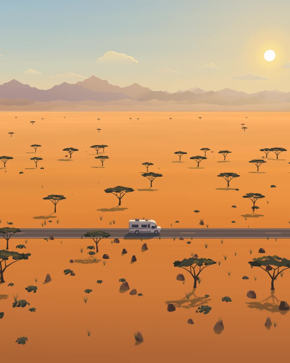 A camper drives a straight desert road toward a wide mountain horizon.